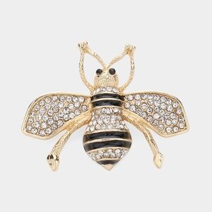 Black Gold Stripe Rhinestone Crystal Honey Bee Brooch Pin Fashion Accessory